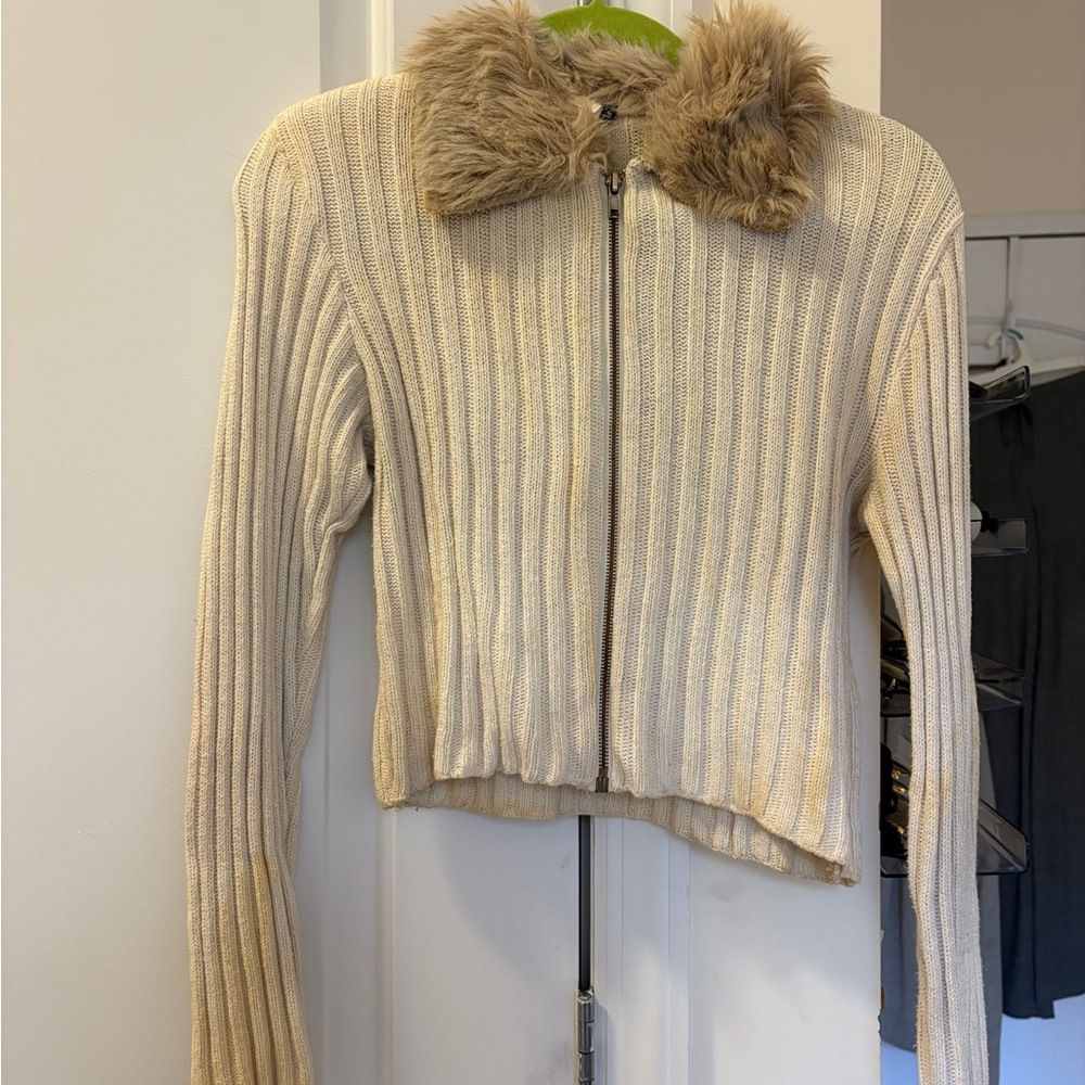 Fur Collar Ribbed Sweater